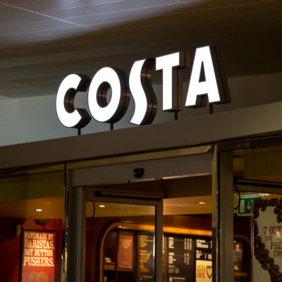 Costa Coffee Restaurant sign at Gloucester Quays made from built up aluminium with opal acrylic faces and internally illuminated by LED