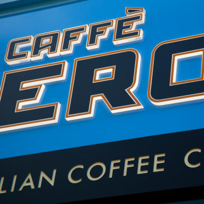 Caffè Nero Restaurant sign at Gloucester Quays made from an aluminium fascia with 20mm acrylic push through letters and internally illuminated by LED