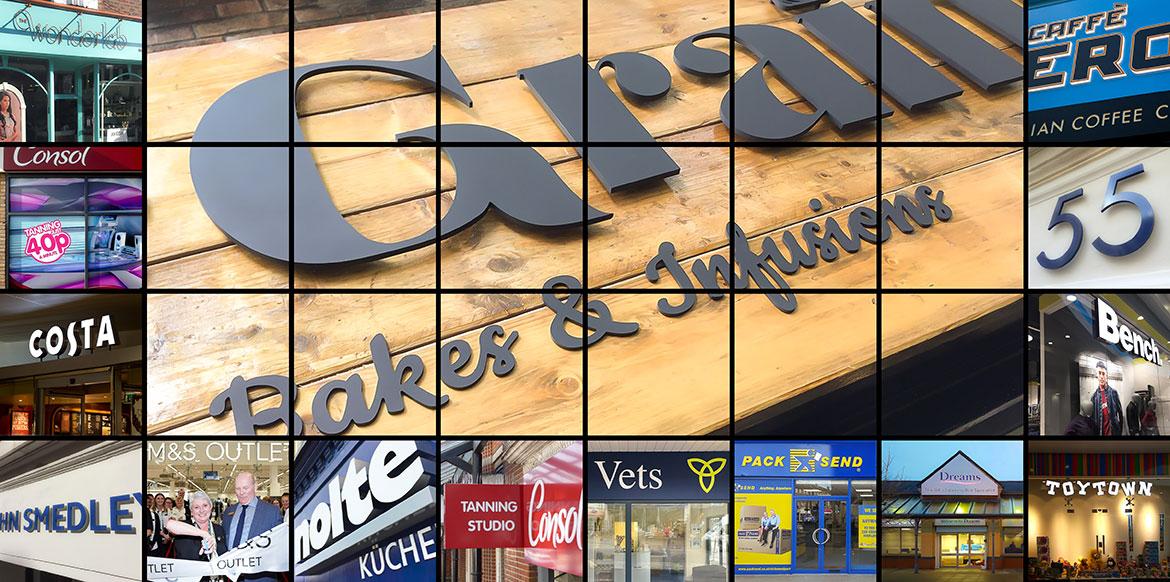 Illuminated and non-illuminated Shop Front Signs shown in a montage