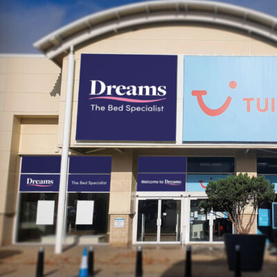 Flexible face sign for Dreams in a retail park