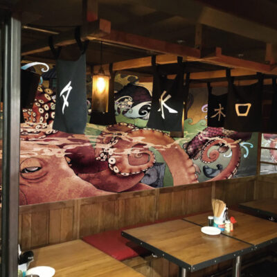 A wall mural in a restaurant