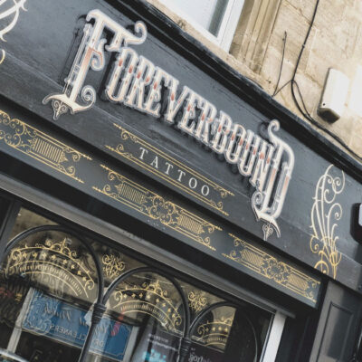 Shop front sign for Foreverbound tattoo shop