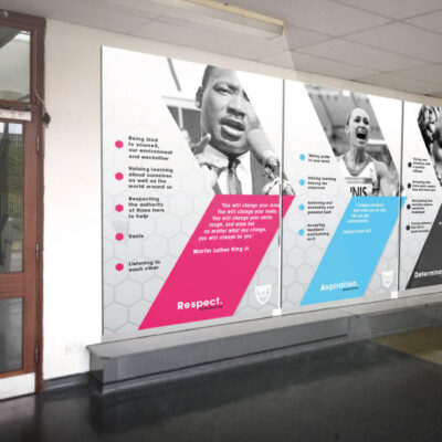 Wall graphics and infographics highlighting brand collateral