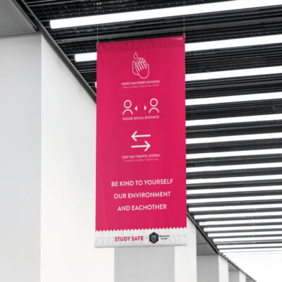 Wayfinding or Directional Banner Graphic suspended from ceiling