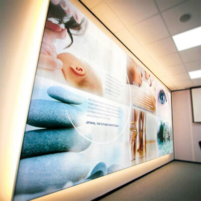 Backlit graphics wall mounted in an office environment