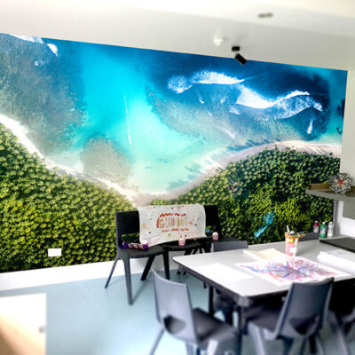 Beach scene wall graphics in an office