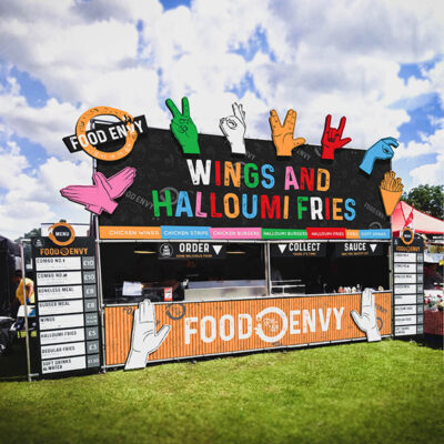 Menu boards shown on an event catering unit