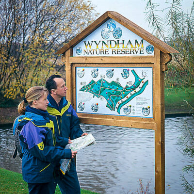 Wooden Post Panel Sign in a nature reserve